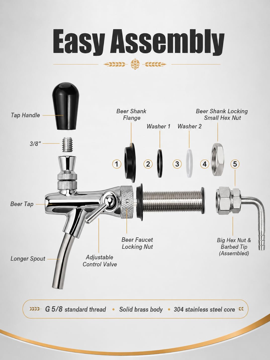 VOBOR Robinet à Bière Réglable, Filetage G5/8 Tireuse a Biere à Longue Tige Chromé, Accessoires de Brassage à Domicile pour la Maison Bière Bar Restaurants