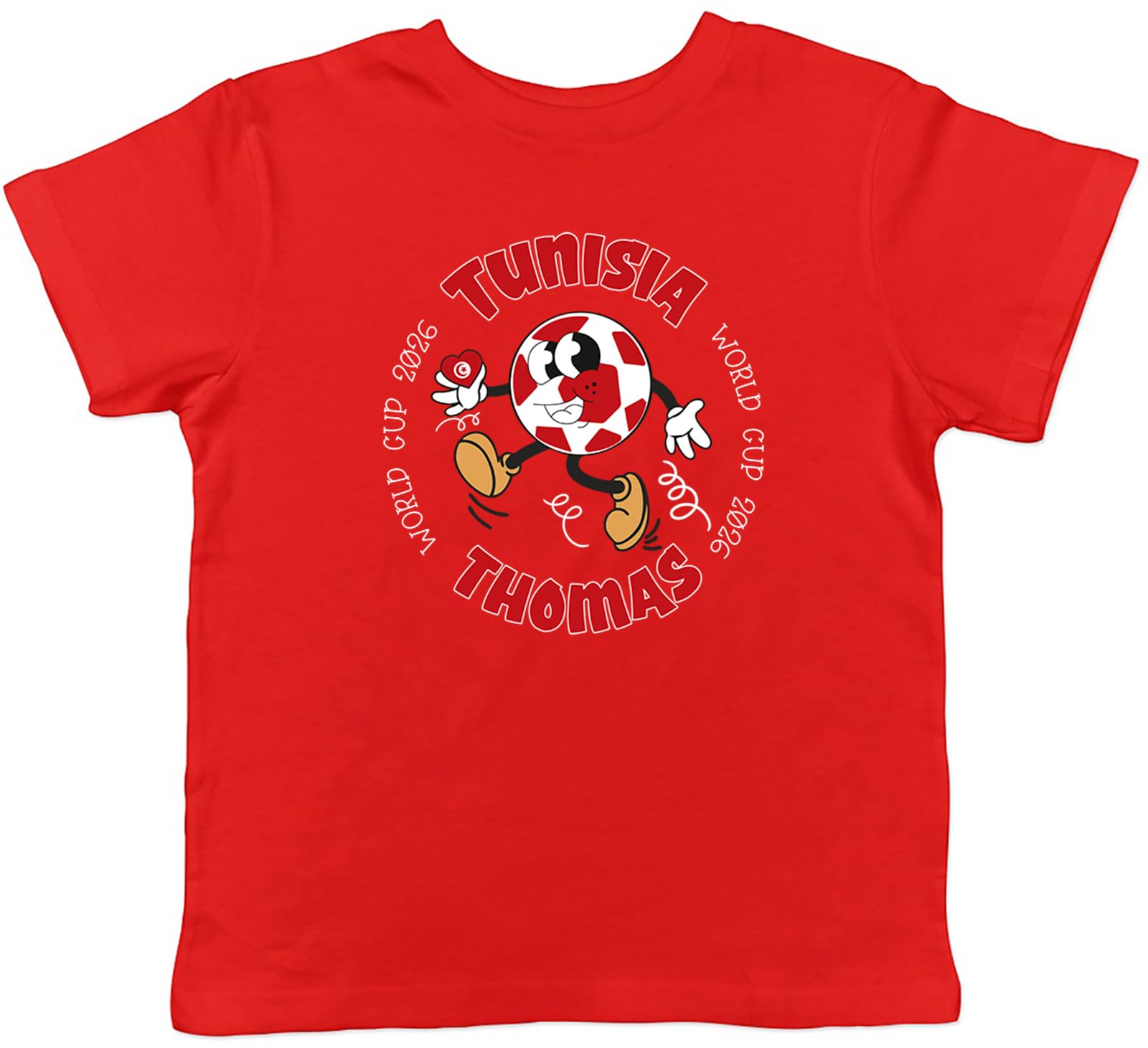 Shopagift Personalised Tunisia World Cup Heart Football Fan Kids T-Shirt Childrens Tee Boys Girls Red