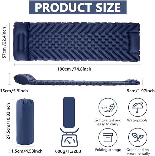 Miniatura 2 de Colchoneta de dormir para camping, colchoneta inflable con almohada y bomba de pie integrada, autoinflable y compacto, colchón de aire ultraligero