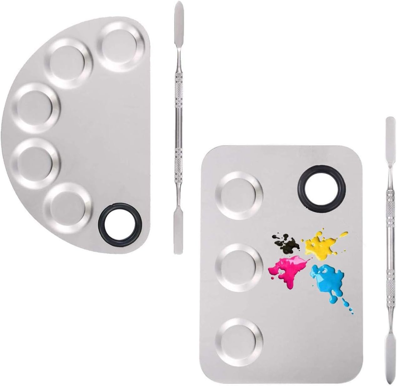 ORiTi 2 Pack Professional Makeup Palette, 2 Types Pro Lady Stainless Steel Cosmetic Artist Spatula with Spatula Tool for Mixing Foundation , Silver