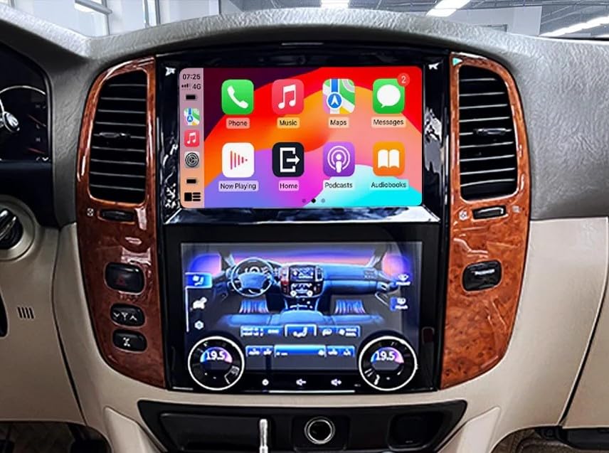 Android Dual Screen Monitor for Land Cruiser LC100 & Lexus LX470 (2003–2007) Car Stereo with Wireless CarPlay & Android Auto 4GB RAM Touch Climate Control Wood Side AC Vents Camera Included