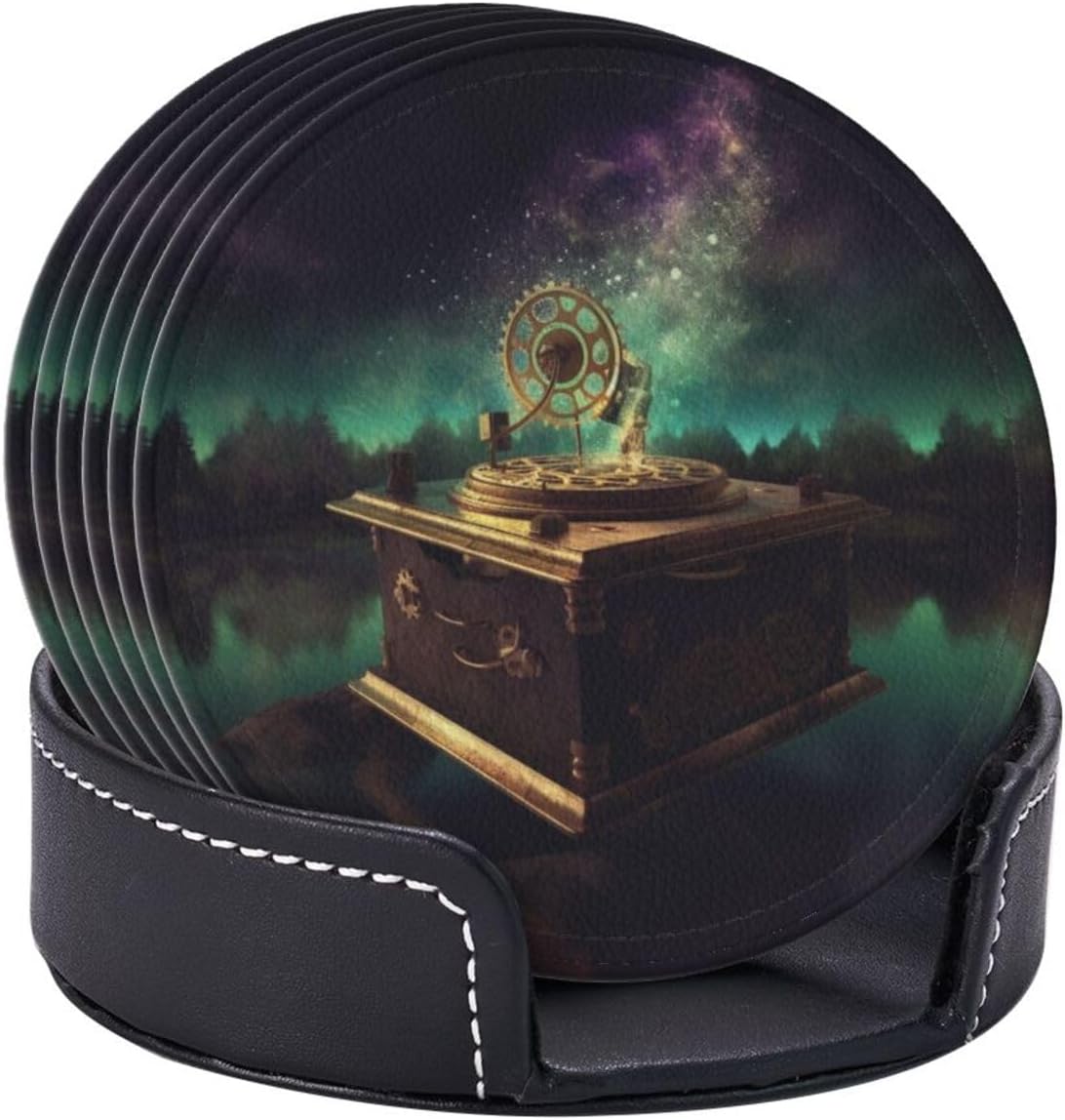 Dream Music Box Coasters Set of 6, Leather Coasters for Drinks Absorbent Drink Coasters with Holder Cup Mat for Tabletop Protection Cup Coasters for Coffee Table Coasters Gifts
