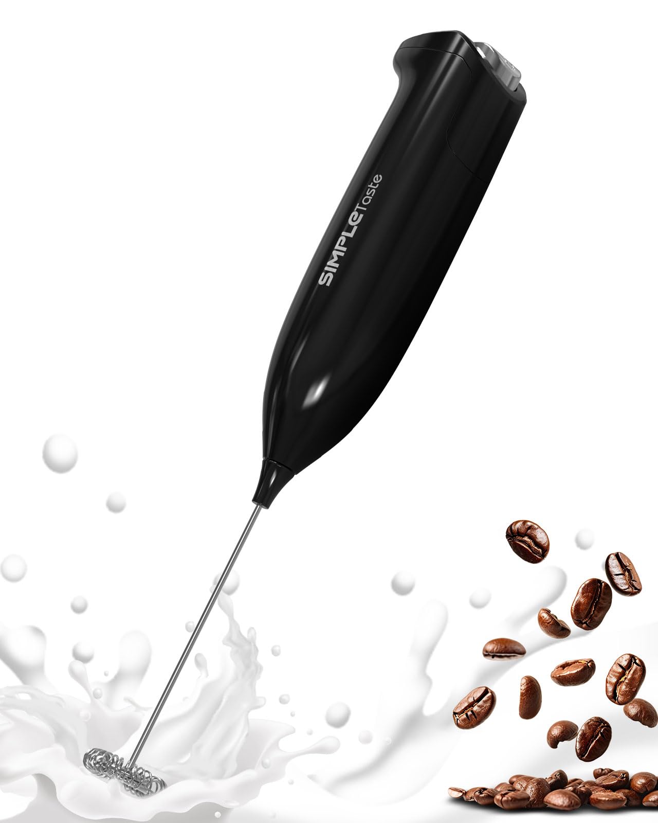 SIMPLETaste Milk Frother Handheld Battery Operated Electric Foam Maker, Black Drink Mixer with Stainless Steel Whisk for Cappuccino, Bulletproof Coffee, Latte