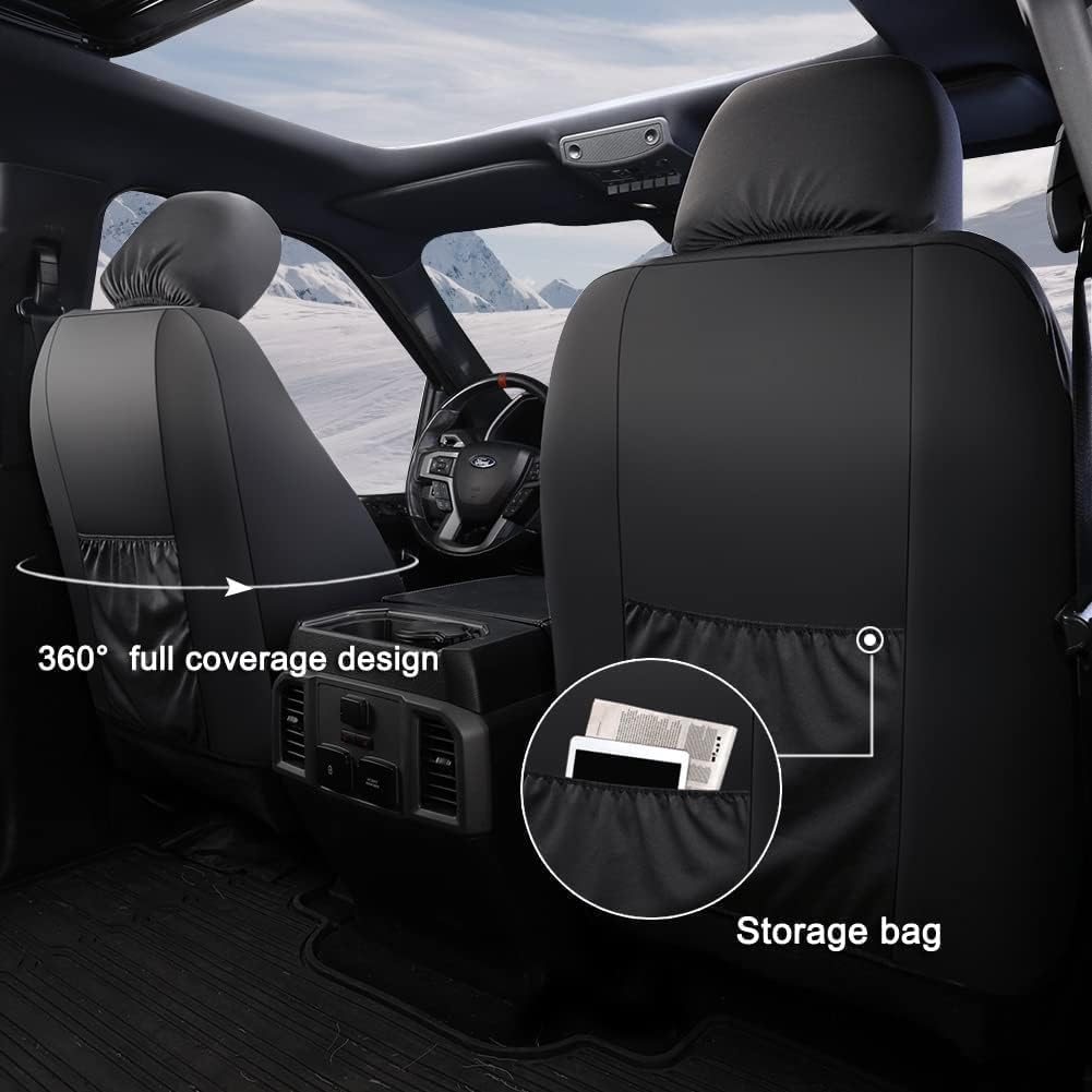 GIANT PANDA Two Front Car Seat Covers Custom Fit Ford F150 F250 F350 F450 Super Crew/Crew Cab Pickup Trucks, Front Seats Fabric Protectors (Black+Red), Faux Leather + Stretch Fabric