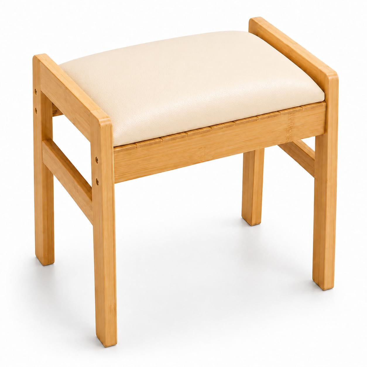 BAMBOOHOMIE Foot Stool Ottoman, Modern Vanity Stool Chair for Makeup with Removable Cushion & Side Handles, Bamboo Ottoman for Living Room Bedroom Office, Small Foot Rest for Couch (Natural - Beige)