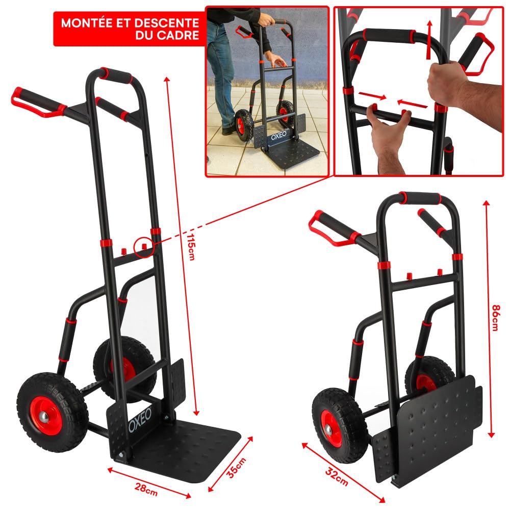 Diable pliant roues increvables - 250kg - Acier renforcé - Poignées ergonomiques - Plateau rabattable - Manutention déménagement