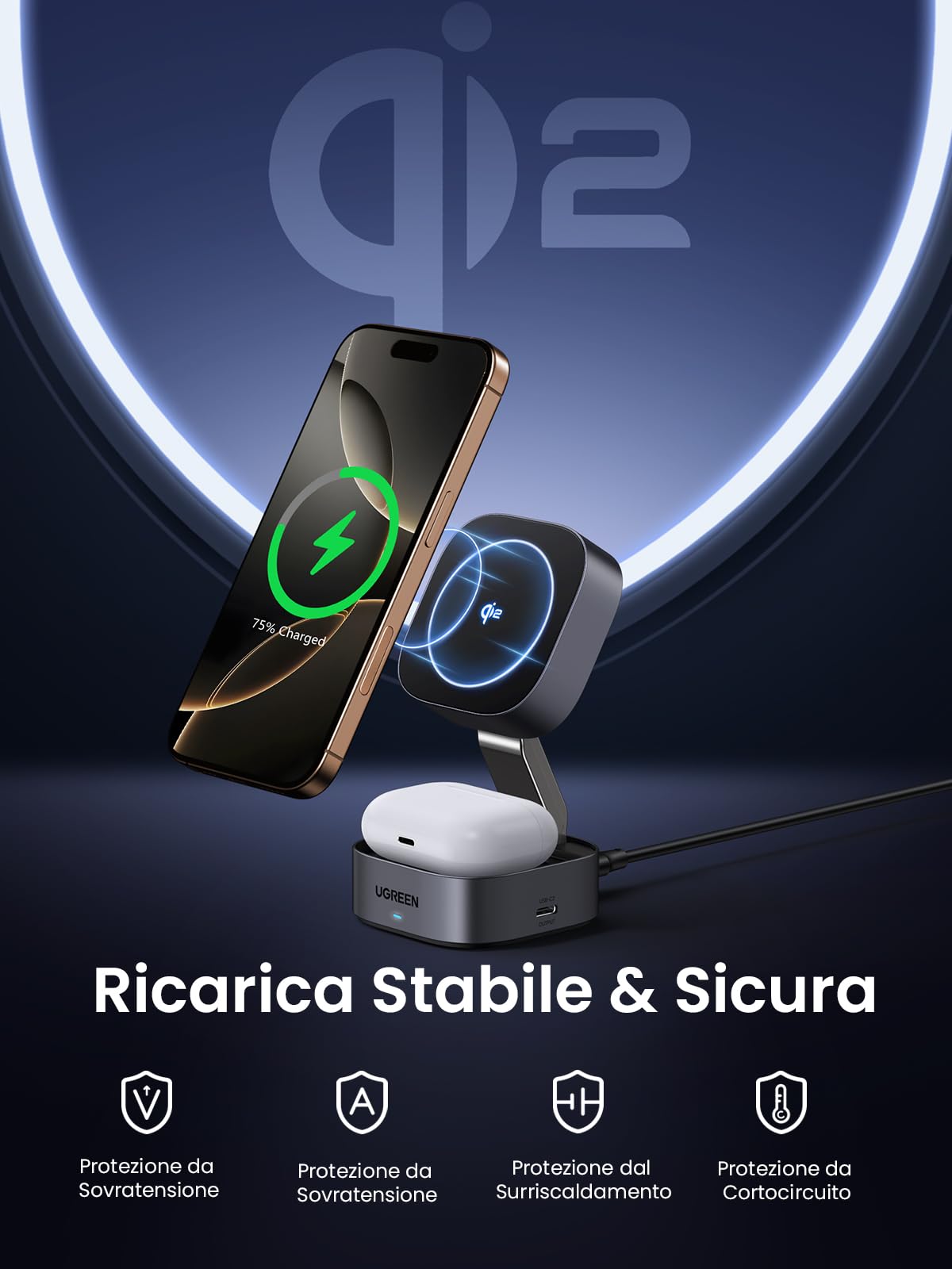 UGREEN MagFlow 2 in 1 Caricatore Wireless iPhone Qi2 15W Certificato | Compatibile con MagSafe 17 16 15 14 13 12 Air Plus Pro Max AirPods 4 3 Pro 3 2 1, Stazione di Ricarica Magnetica Pieghevole