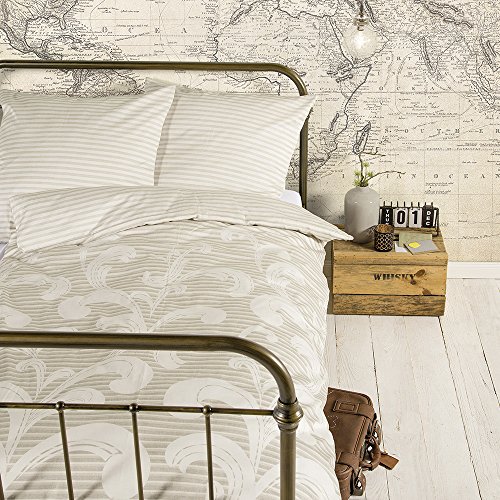 Hochwertige Mako - Satinbettwäsche Bettwäsche Set Bettgarnitur der Marke Zeitgeist von Ibena 135x200cm + Kopfkissen 80 x 80 cm mit Streifen und Rankenmuster in beige