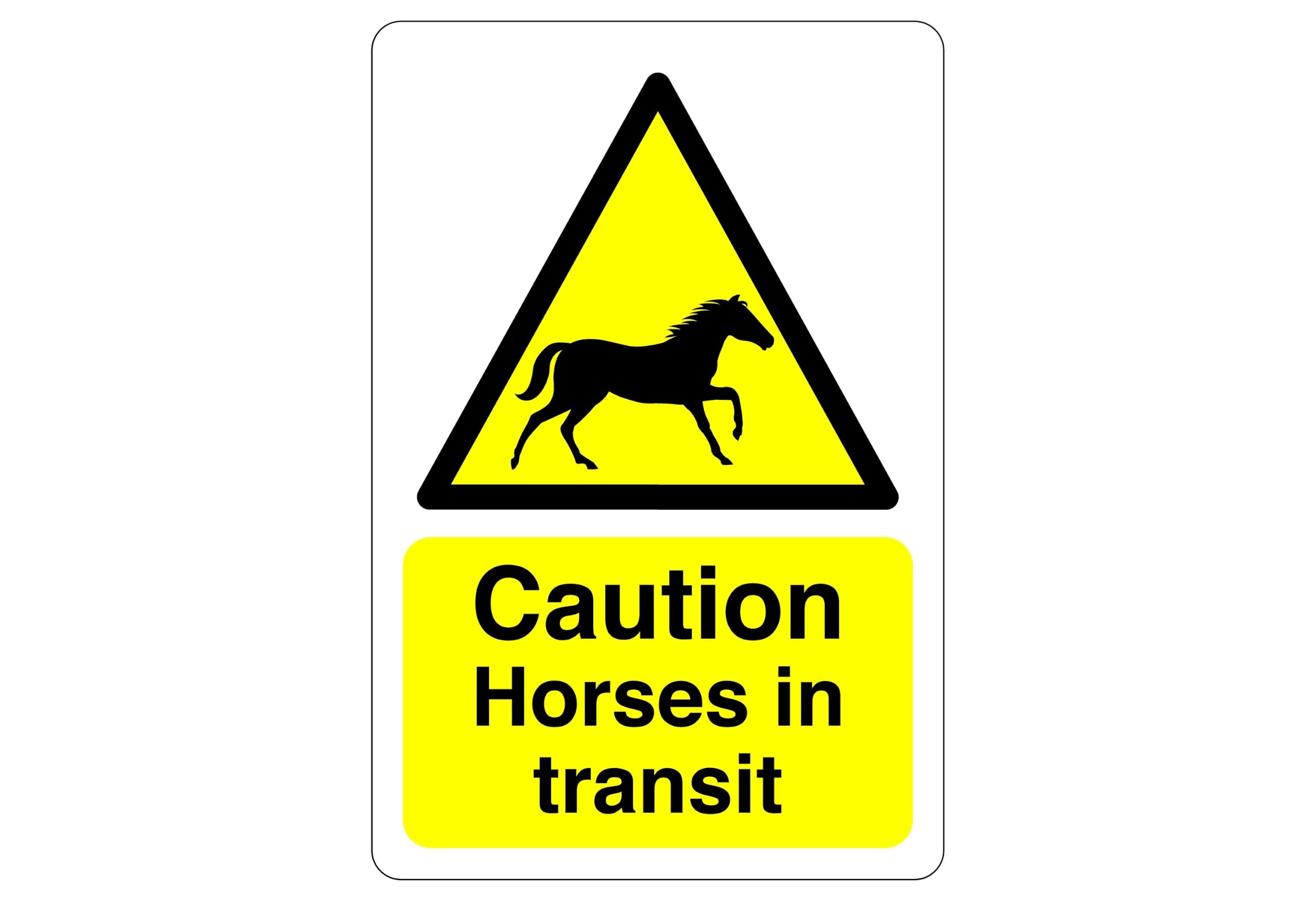 Caution horses in transit sign - High tack self-adhesive sticker (400mm x 300mm) Viewing Distance within 14m.