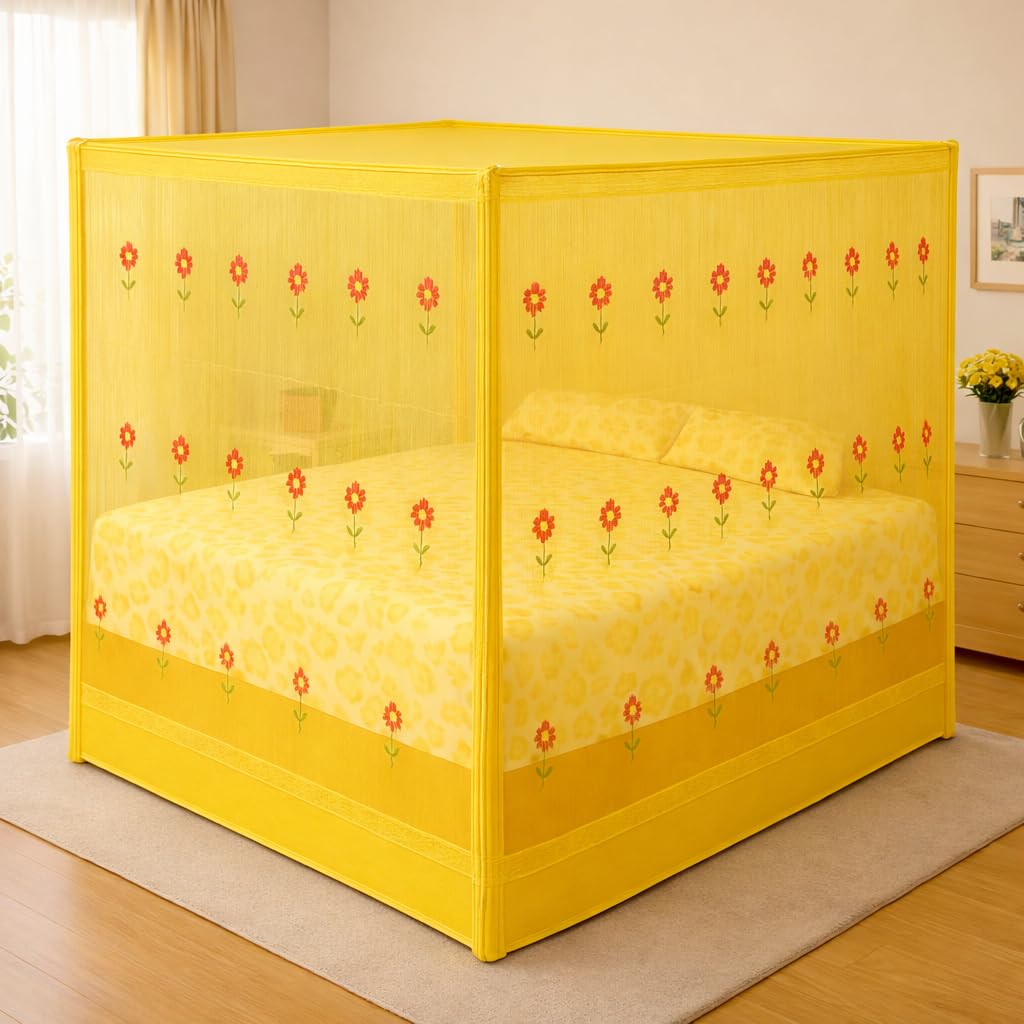 RN Enterprise Premium Polycotton Elegant Flower Mosquito Net with Coloring Cotton Tape & Designing Bottom (Yellow, Double Bed (5 x 7 Feet))-image-26