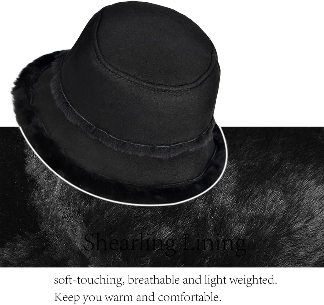 Harssidanzar Mens and Womens Winter Shearling Bucket Hat Lambskin Leather Warm Fisherman Cap CU608US1 - Image 2