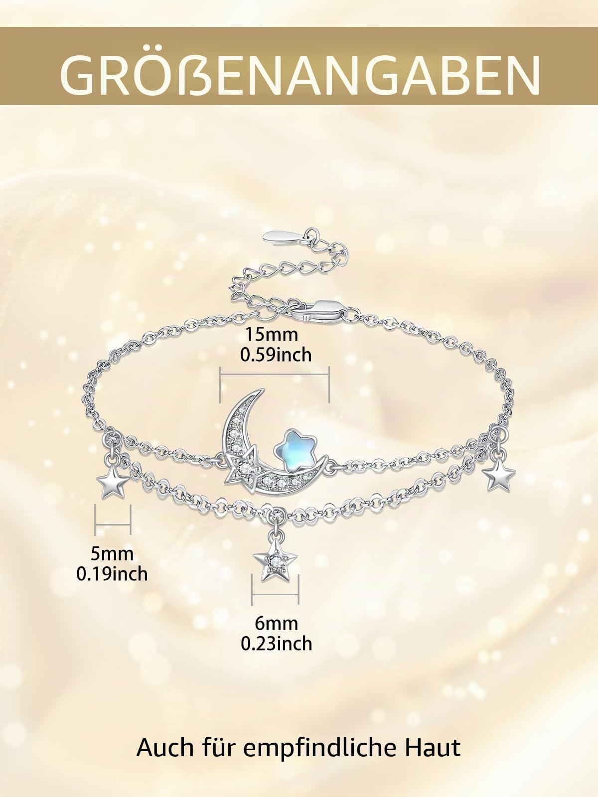 KINGWHYTE Mondstein Armband 925 Sterling Silber Mond und Stern Planet Armbänder Verstellbares Mondstein Armkette Geschichtete Schmuck Geschenk für Weihnachten Valentinstag