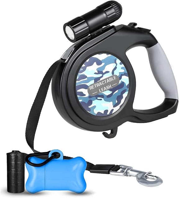 WOT I Retractable Dog Lead,8M Extendable Dog Lead with LED Flashlight for Medium Large Dogs up to 50kg with Button Break&Lock System, Comfortable Ergonomic Hand Grip, Waste Dispenser Bags Included