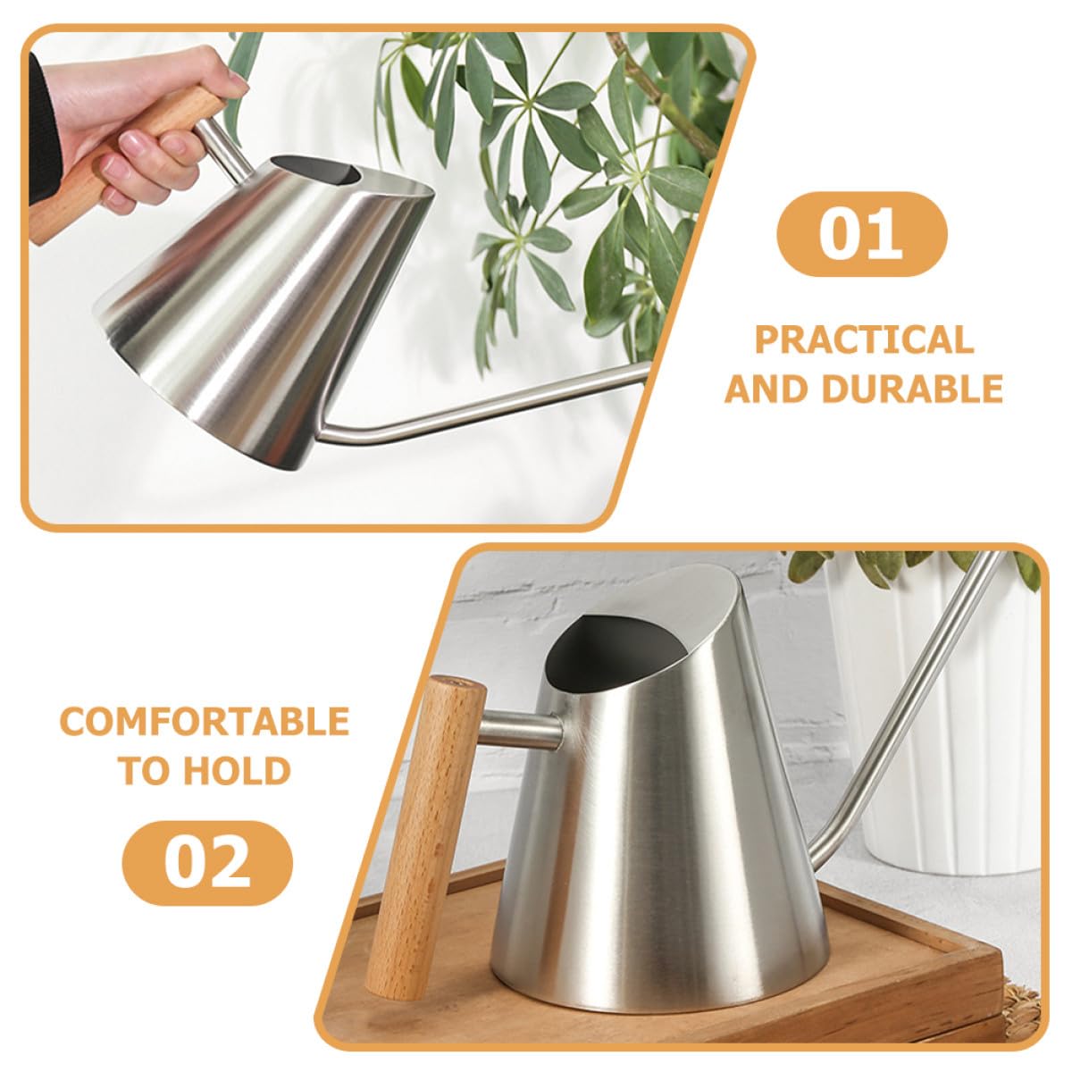 CALLARON Annaffiatoio per Piante da Interno in Acciaio Inox 900ml con Beccuccio e Manico in Legno Ergonomico, Annaffiatore Compatto per Giardino e Balcone, Vaso D'acqua Resistente