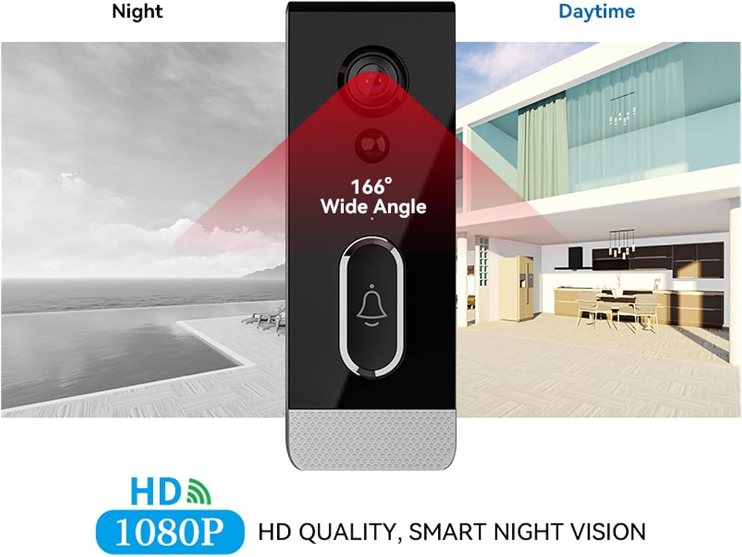 A split image showing the doorbell camera's view in night mode (monochrome) and daytime mode (color), highlighting its 166-degree wide angle and 1080p HD quality.