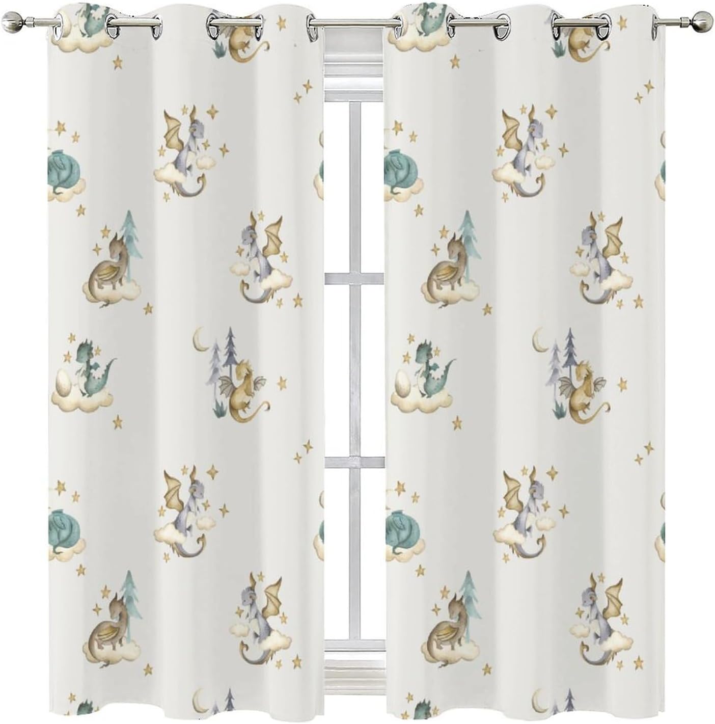 Watercolor Cute Baby Dragon Curtains - Fantasy Cartoon Mid Century Woodland Dragon Thermal Insulated Blackout Curtains - Grommet Top Window Treatment Drapes for Bedroom 63L x 27.5W,2 Panels
