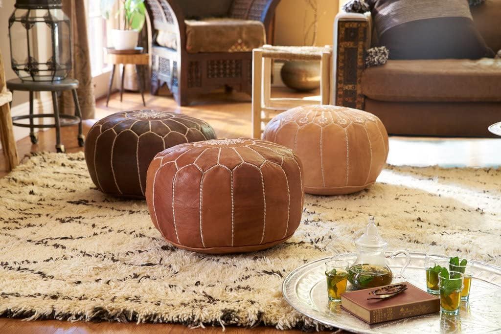 Handmade Moroccan Embroidered Pouf (Desert Tan)