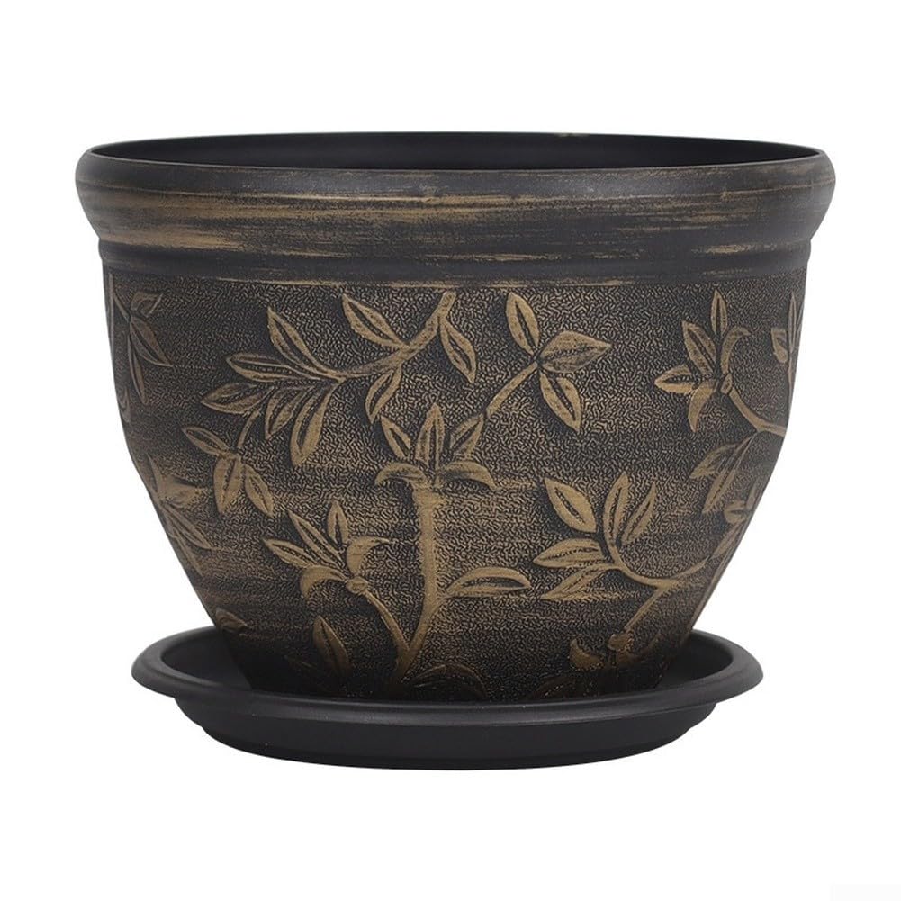Elegante vaso in resina goffrata con vassoio abbinato per giardino, balcone, ufficio, decorazione a lunga durata, con sistema di drenaggio (G)