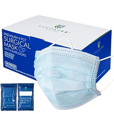 Keeo Polypropylene Spun Bound Non Woven Fabric Disposable 4 Ply Surgical Medical Mask (Light Blue, White, Without Valve, Pack of 50) for Unisex