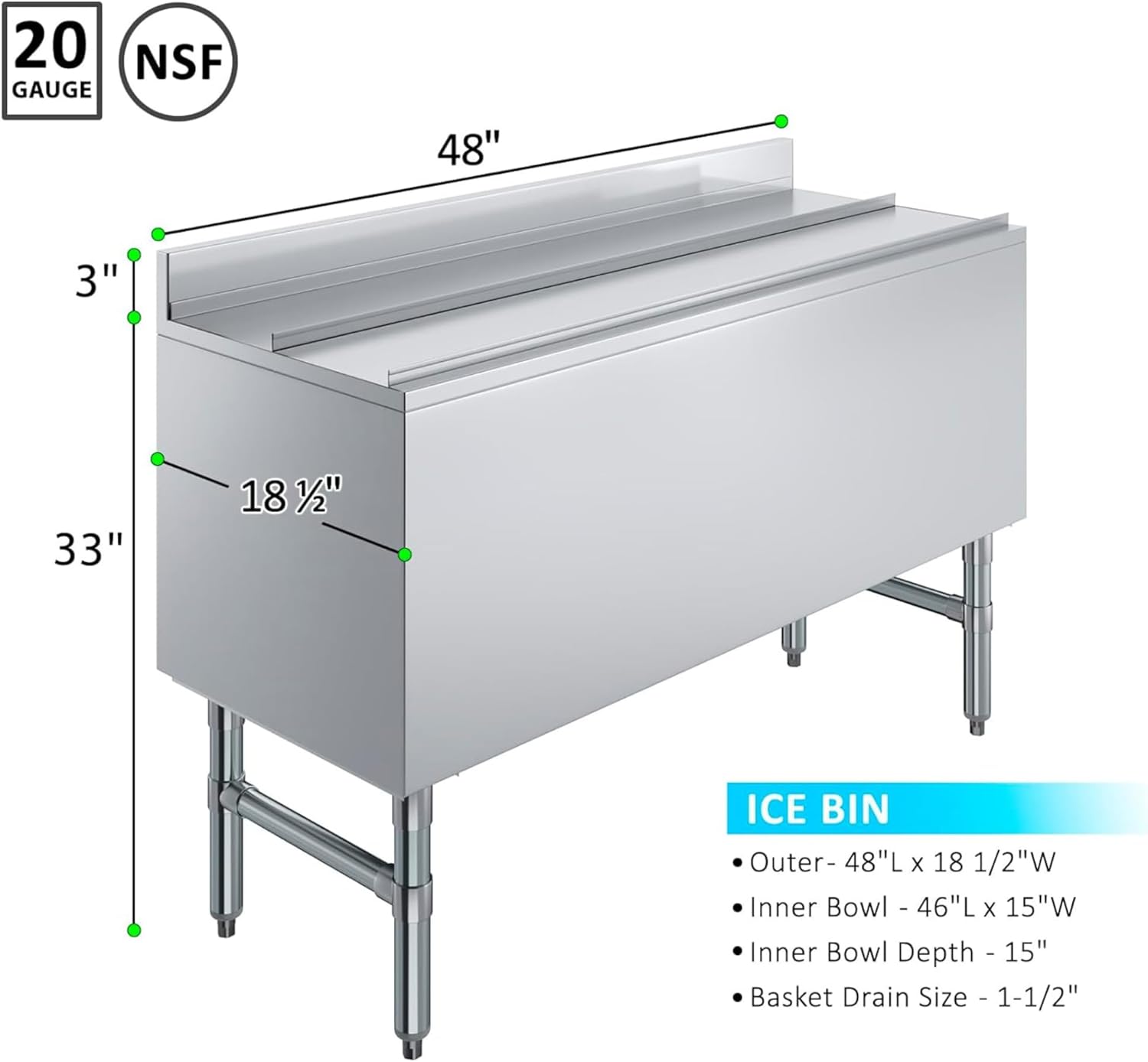 Underbar Ice Bin 18.5” x 48” x 30” | 20-gauge, 304 Stainless Steel Ice Chest with Sliding Lid | NSF Certified
