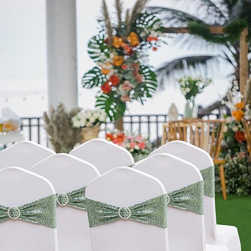 Miniatura 10 de SINSSOWL Paquete de 50 bandas de licra para sillas con lentejuelas y hebillas, lazos plegables para sillas de fiesta, boda, fiesta, comedor,