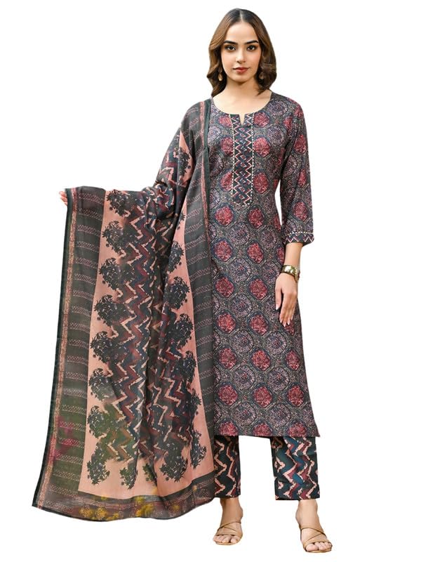 Women's Multi Rayon Blend Floral Straight Printed Kurta Pant With Dupatta Set | Office Wear Straight Kurta Set | Printed Salwar Suit For Women-image-40