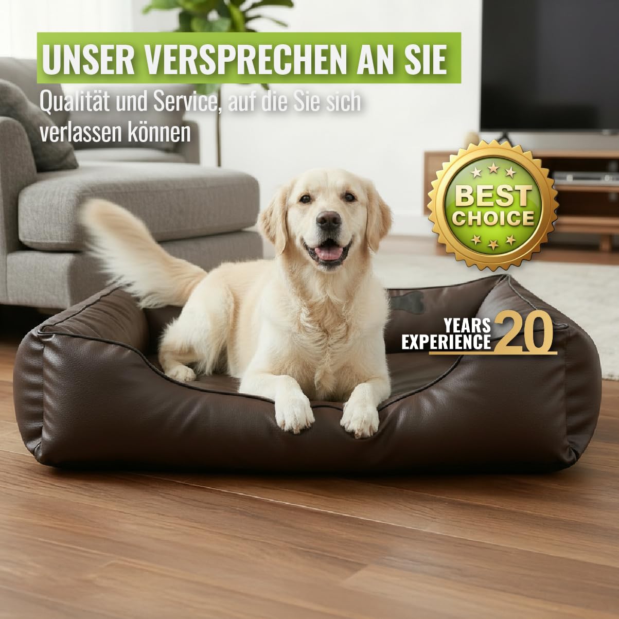 CopcoPet Hundebett Grosse Hunde XL – Waschbares Hundekissen 【Kunstleder】 Hundekorb aus Kunstleder - Formstabiles Hundesofa - Hundekörbchen mit Rand für Hunde, Dog Bed Braun 110x90 cm