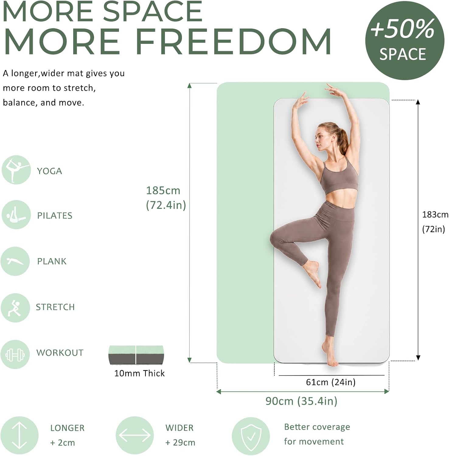 TPE Yoga Mat 72"x24"/35", 8mm/10mm Thick, Non-Slip, Carry Strap image 4