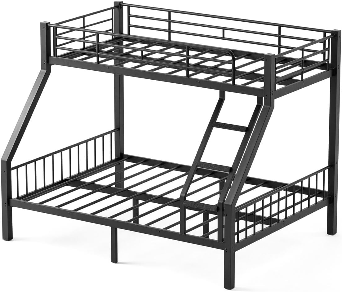 Twin XL Over Queen Bunk Bed, Heavy Duty Queen Bunk Bed for Adults, Metal Bed Frame with Full-Length Guardrails & EVA Padded Anti-Slip Ladder, No Box Spring Needed, Black
