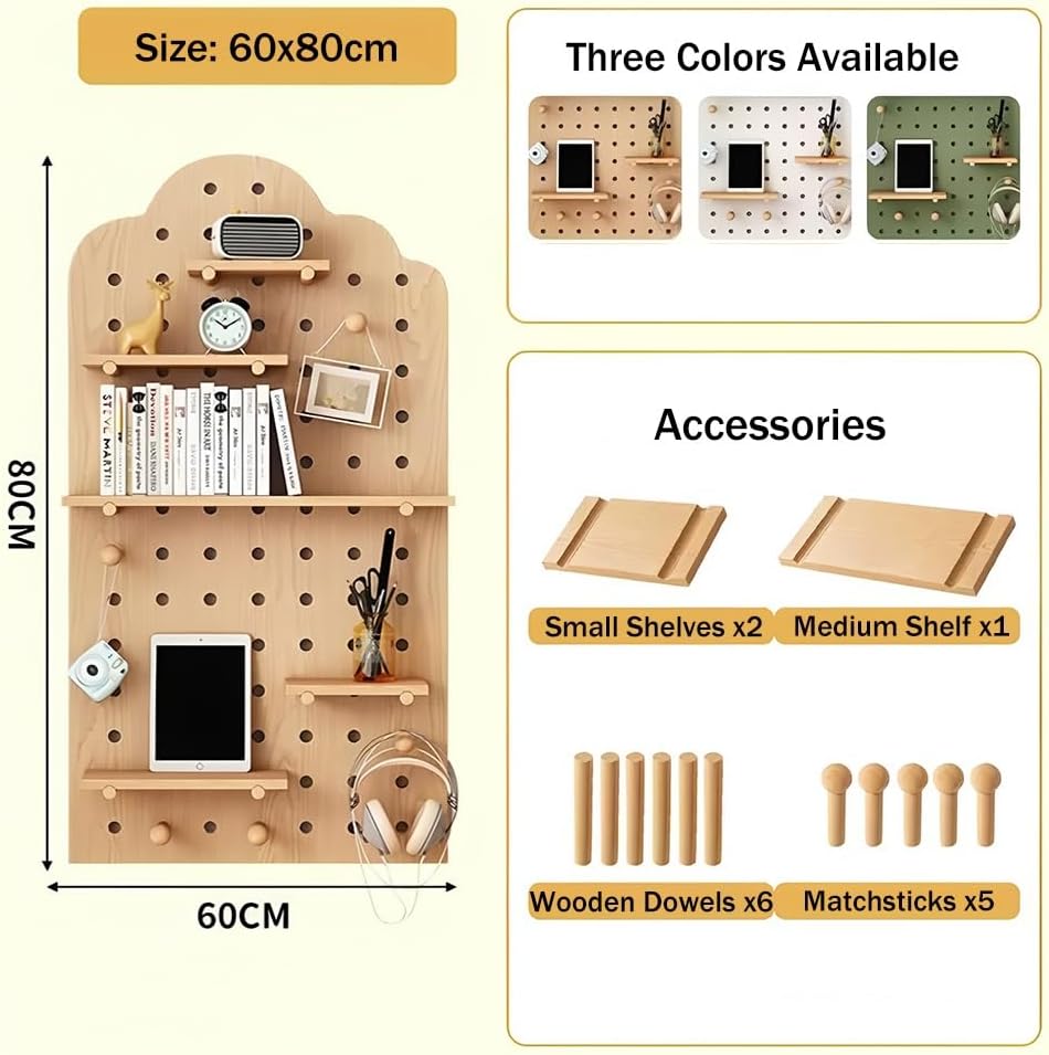 Natural Wood Pegboard Shelf - Wall-Mounted Display Storage Kit with Pegs & Dividers - Floating Organizer for Bedroom, Apartment, Garage (60x80cm)