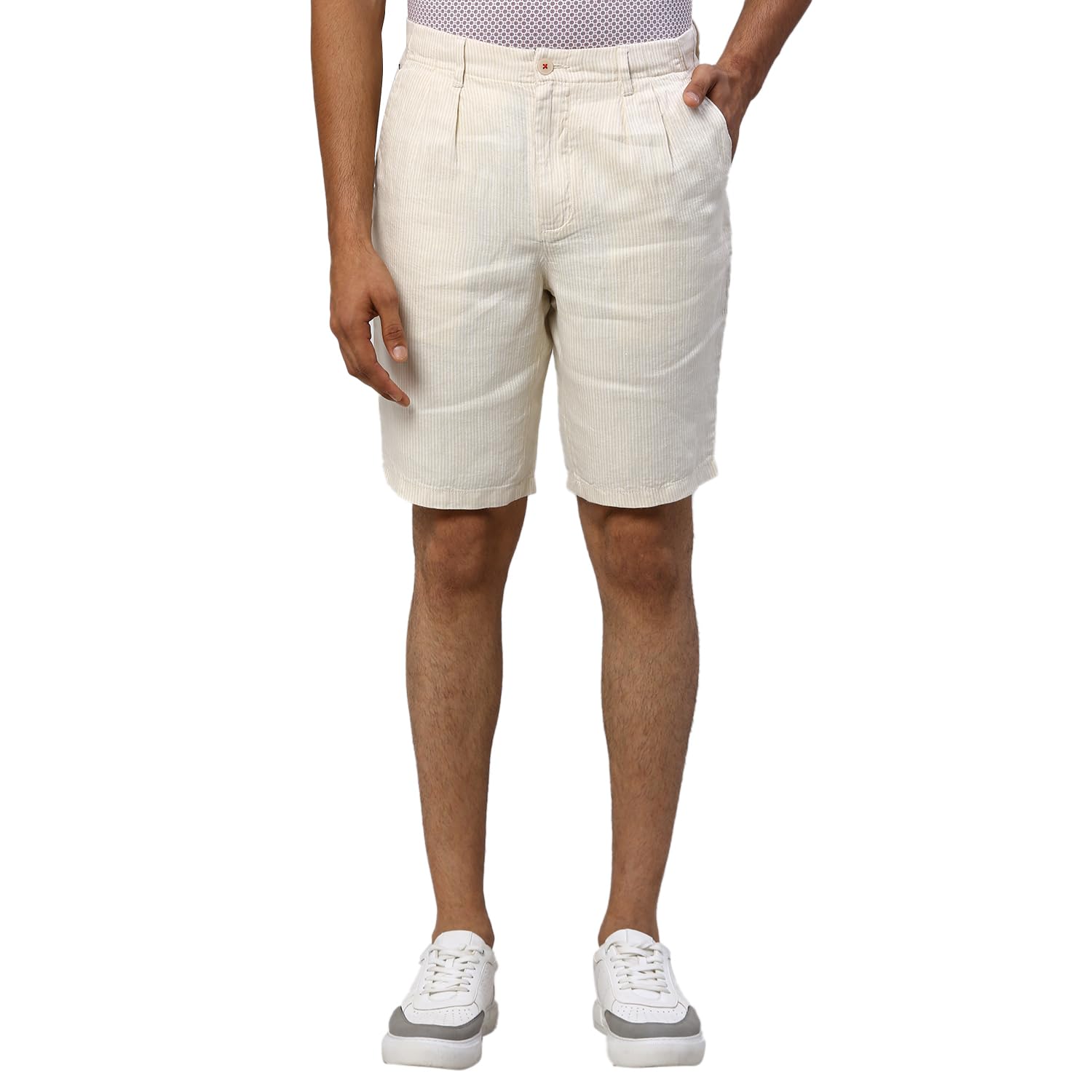 raymond Men's Stripe Pattern Slim Fit Pure Linen Flat Front Casual Shorts-picture-28