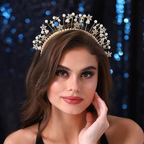Miniatura 3 de Urieo Corona con halo de estrellas, perlas doradas, diadema de diosa, tiara fina de cristal, accesorios para el cabello hechos a mano para mujeres