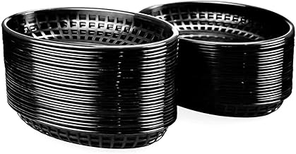 Lawei Pack of 50 Oval Plastic Fast Food Baskets for French Fries, Sandwiches, Burgers, Picnics, BBQs, Parties, Black