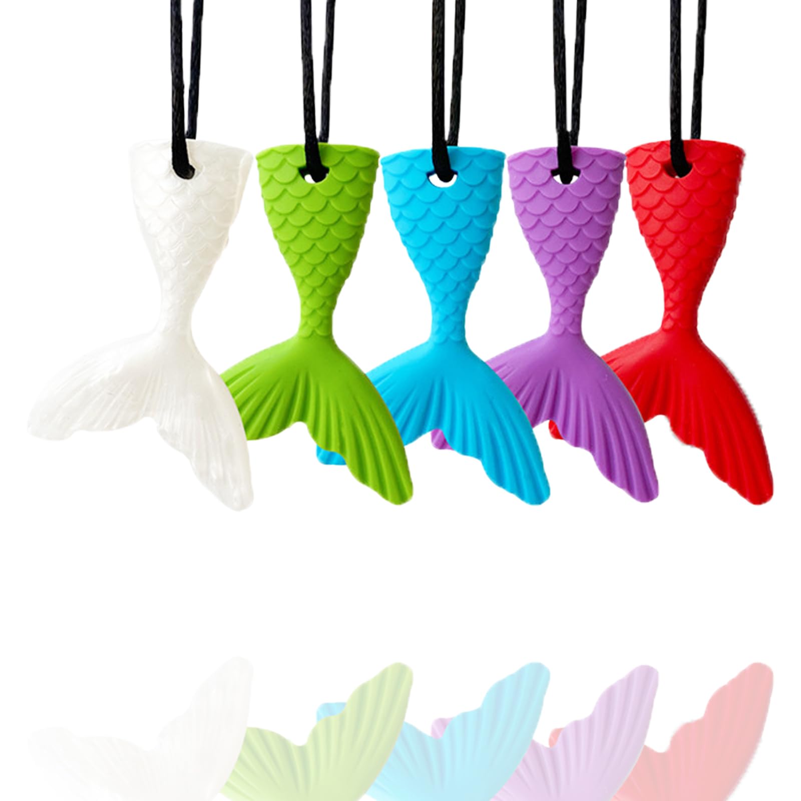 FITULABO 5 Pcs Sensory Chew Necklace for Kids & Adults, Food-Grade Silicone Fishtail Teething Toys for Toddlers, Textured Fish Tail Chewelry for Autism & ADHD