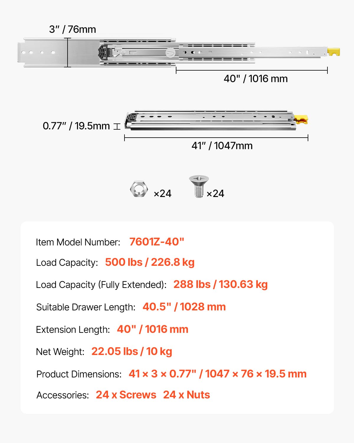VEVOR Glissière de tiroir à extension complète, 1016 mm, coulisse de tiroir verrouillable, 1 paire, capacité de charge 226,8 kg, rail coulissant à montage latéral avec roulement à billes et verrou