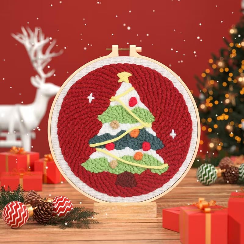 Image of Howie's Punch Needle Kit for Beginner, Cartoon Christmas Rug Hooking Embroidery Kits with Christmas Pattern, Yarns, Tools and Instructions, Creative Craft Home Decor(Christmas Tree, 8 inch diameters)