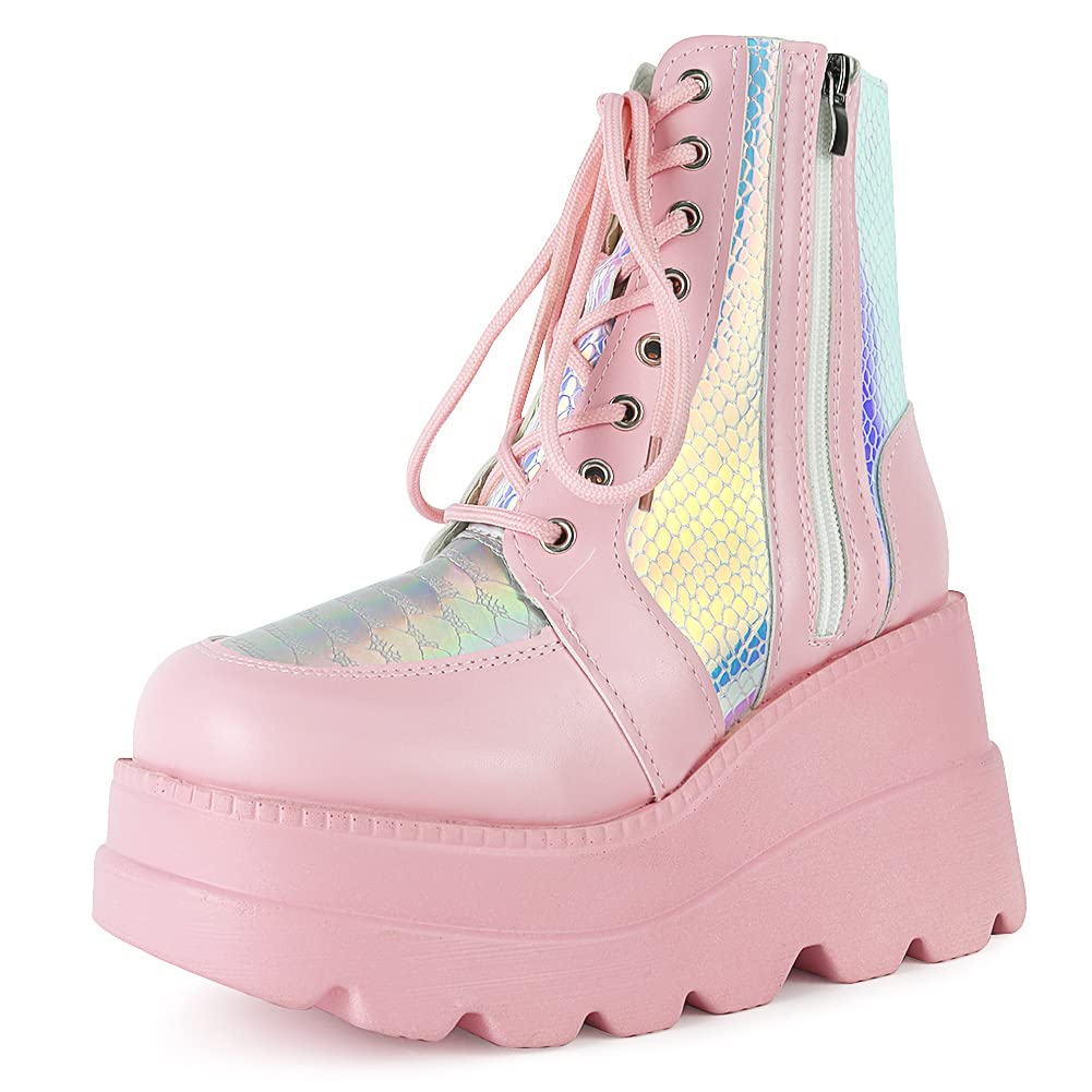 Tscoyuki Platform Ankle Boots for Women Chunky High Heel Booties Goth Round Toe Combat Boots Women Lace Up Motorcycle Wedges: 10 3-pink