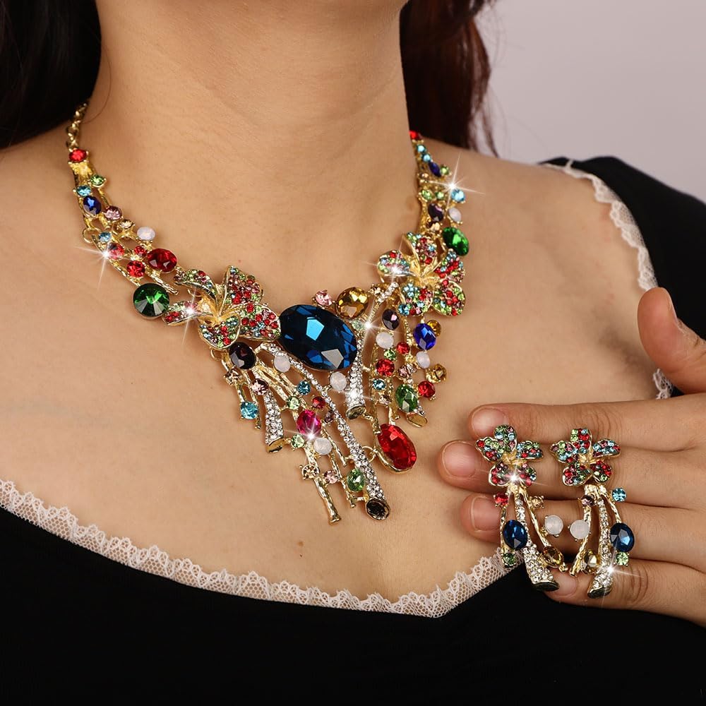 Missgrace Women Coloful Rhinestone Crystal Flower Bridal Wedding Necklace Earrings Sets Christmas Flora Necklace Dangle Earrings for Wedding Party Prom Brides Bridesmaid - Image 2