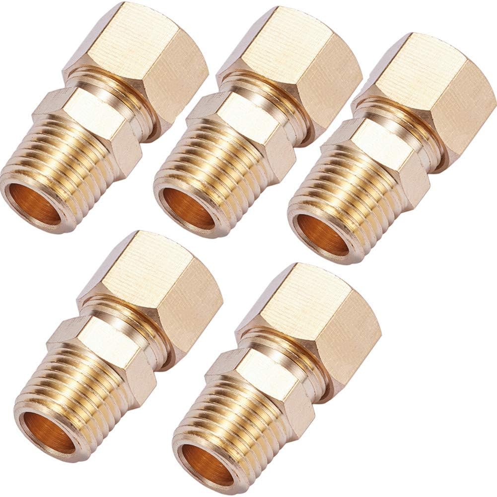 Brass Compression Tube Pipe Fitting Connector, Straight Coupling Adapter,1/4" Tube OD x 1/4" NPT Male Connector 5pcs (1/4" OD Compression x 1/4" NPT Male)