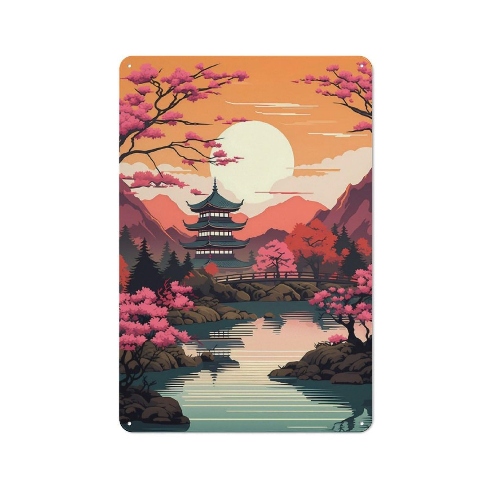 Metal Plaque 30x20cm with Sunset in Land of Chinese for Hallway Wall, Retro Decor, for Wall Display Collectors
