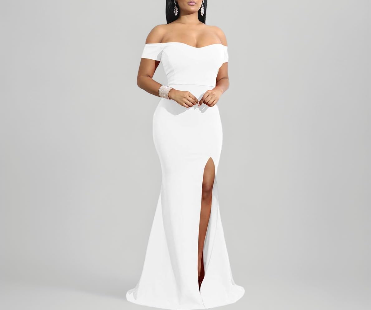 Women's Off Shoulder High Split Long Formal Party Dress Evening Gown