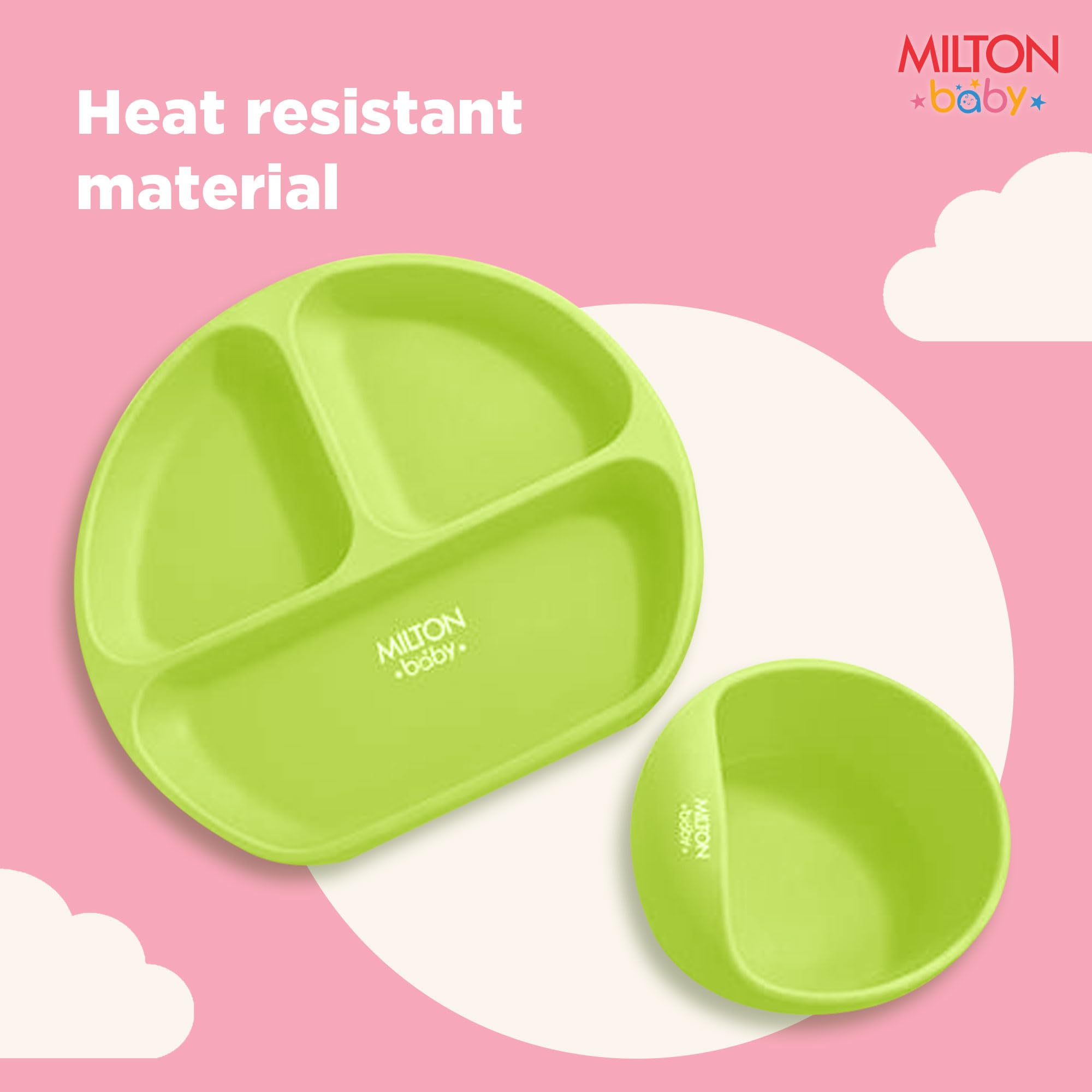Milton Baby Silicone Feeding Set of 6 I Strong Suction Base with Release Tab I 100% Food Grade-BPA Free I Flat Base Tumbler I No Mess I Adjustable Fit Bib I Soft Spoon I Light Green 1