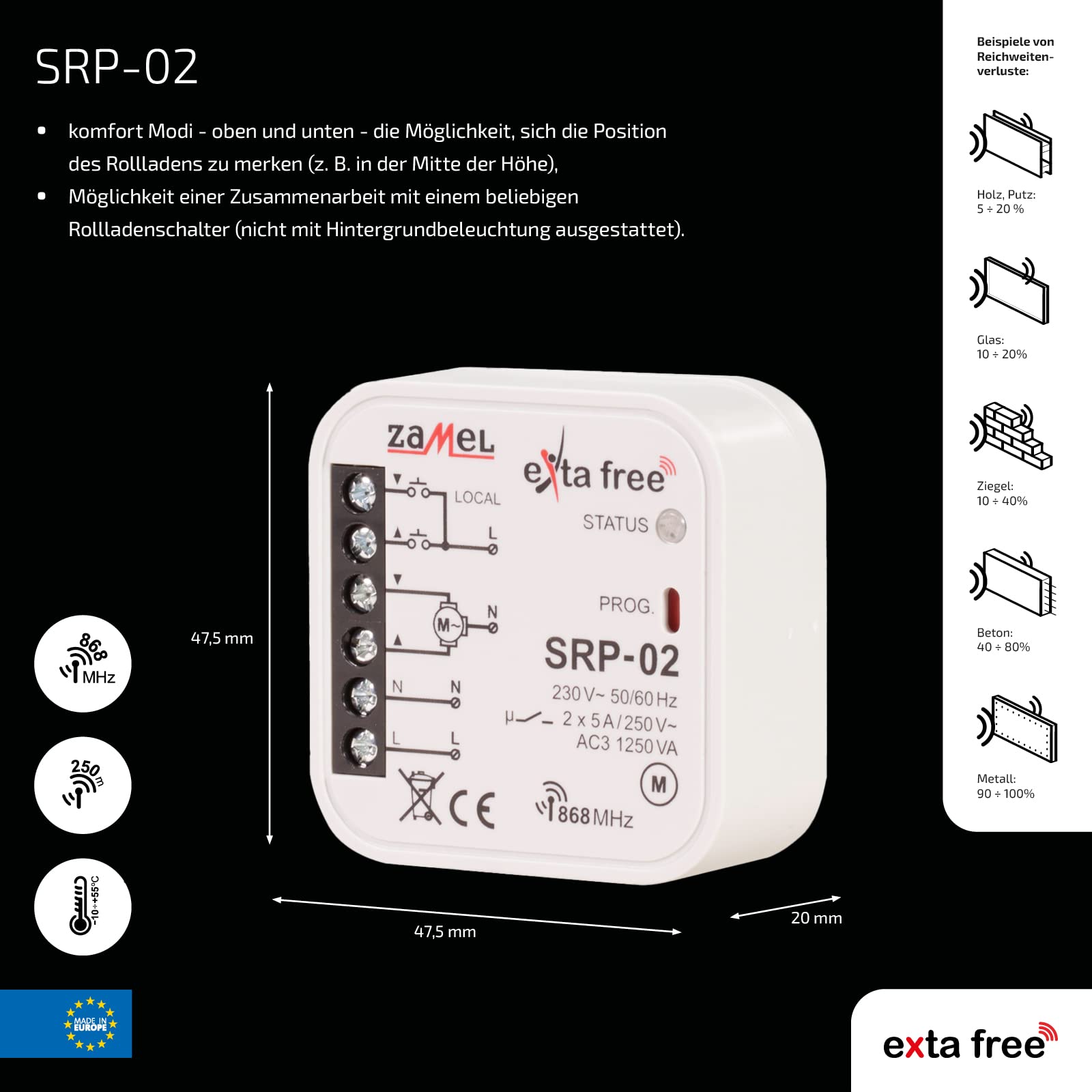 EXTA FREE SRP-02 sterownik radiowy do rolet, 47,5 x 47,5 x 20 mm