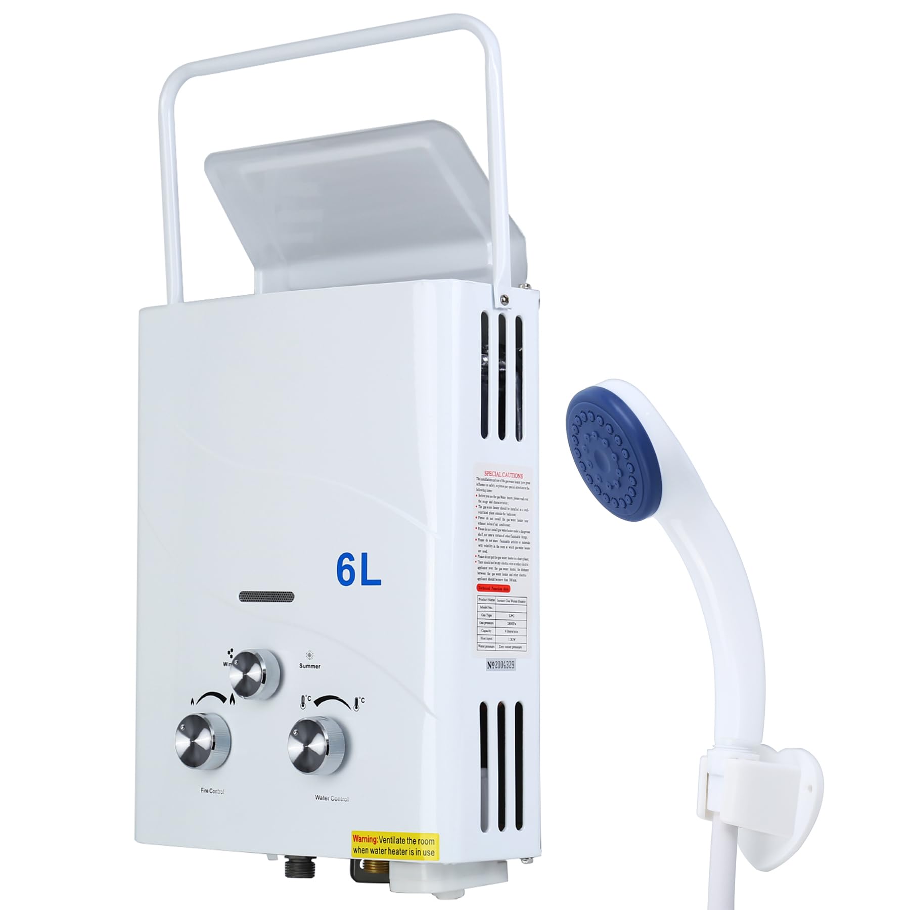 Chauffe-eau au propane portable, chauffe-eau sans réservoir, chauffe-eau à gaz à la demande pour camping RV, protection contre la surchauffe (6L Propane Blanc)