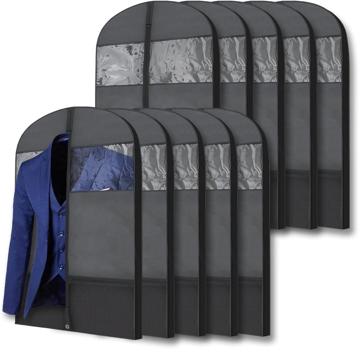 Plixio Gusseted Garment Bags Suit Bag for Travel and Clothing Storage of Dresses, Dress Shirts, Coats— Includes Zipper Pockets and Large Transparent Window (10 Pack: 43" x 24" x 3.4")
