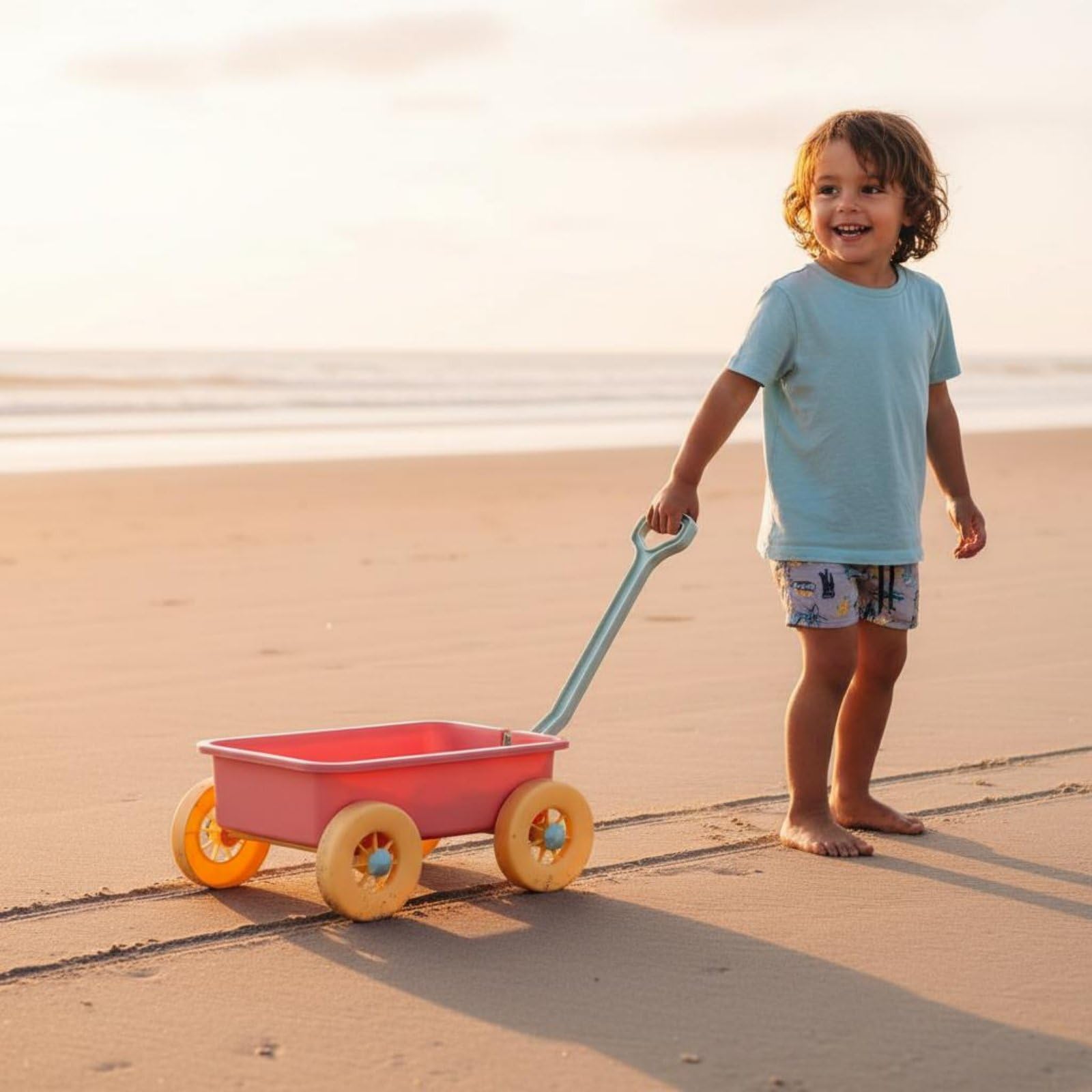 Kinder Sandwagen Handziehwagen Spielset Tragbarer Sandwagen Funktion für Sommerferien Gartenspielplatz, Koreanischer Originalstil, Olivgrün
