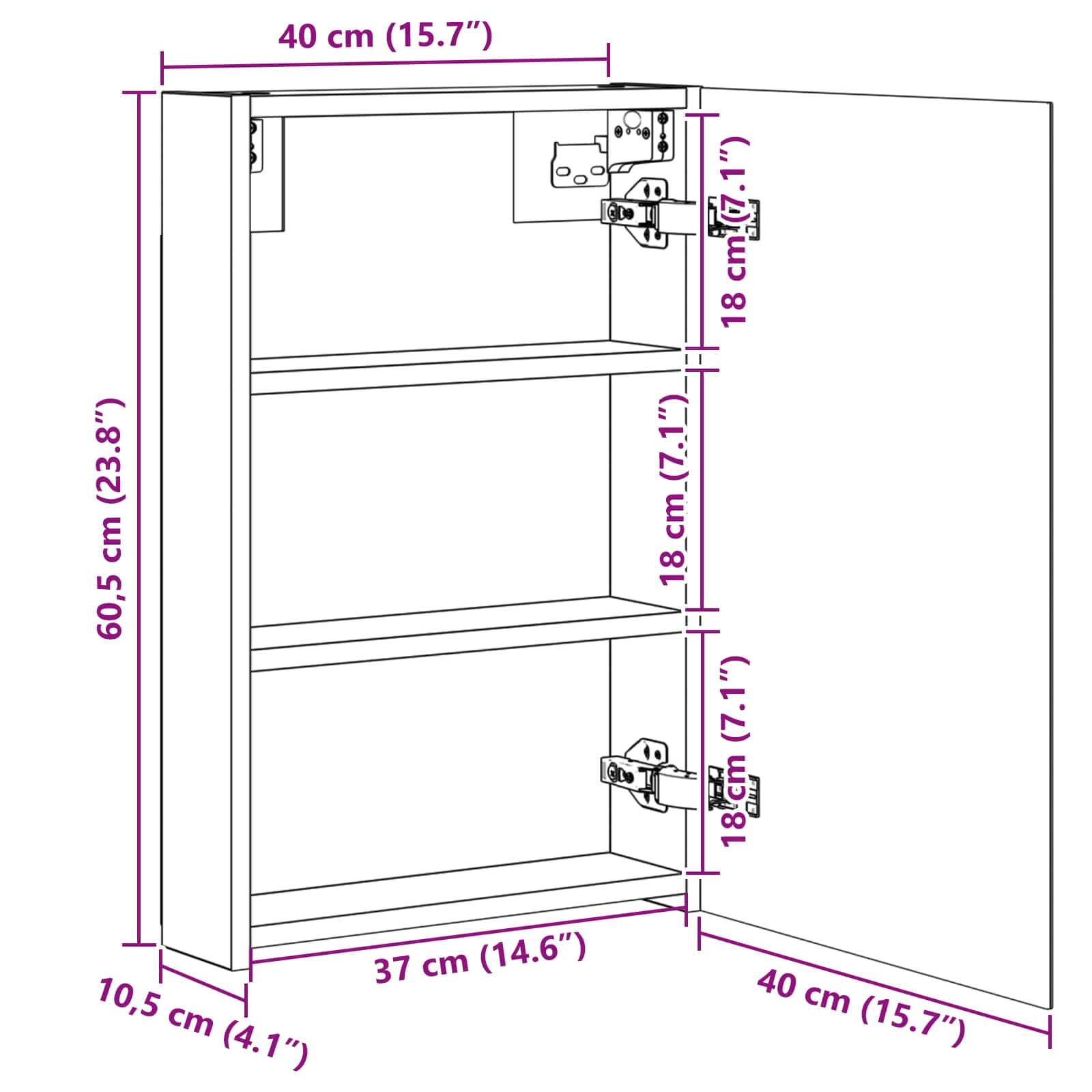 Armadietto da bagno a specchio in rovere Sonoma, 40 x 10,5 x 60,5 cm, da appendere alla parete, con specchio bidirezionale, 2 ripiani, porta, spazio per lavandino, bagno, WC degli ospiti
