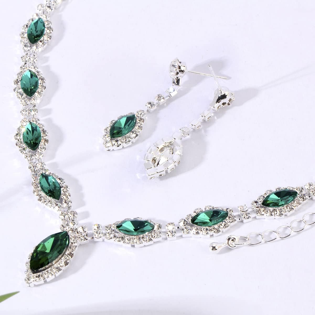 3 Piece Jewelry Set for Women - Silver Marquise Rhinestone Austrian Crystal Bridal Bride Bridesmaids Statement Choker Necklace Dangle Earrings Link Bangle Bracelet for Wedding Prom Party Girls Costume Jewelry