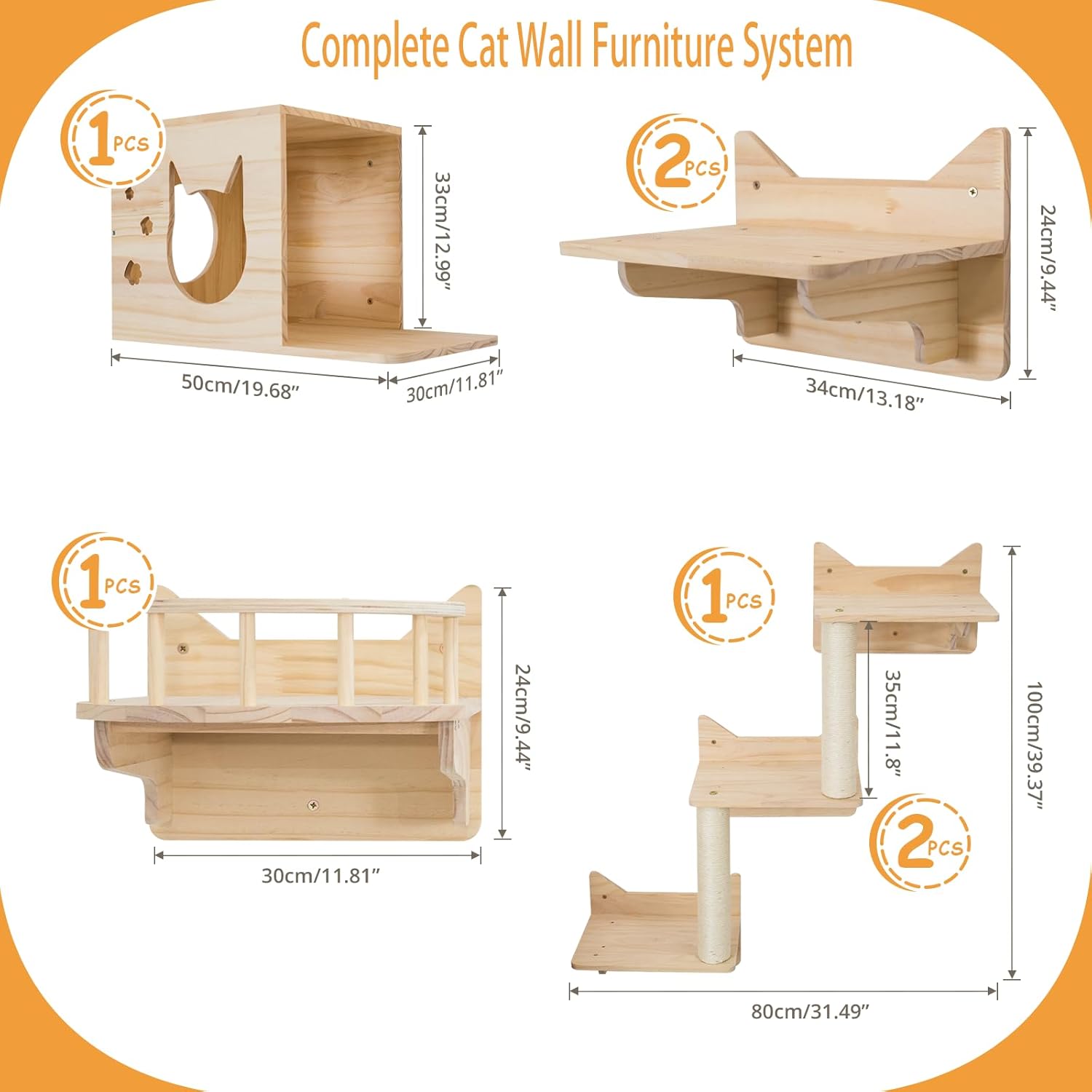 Cat Wall Shelves for Large Cats, 9PCS Solid Pine Cat Wall Furniture Set with House, Ladder Steps & Sisal Scratching Posts, Sturdy Mounted Climbing Shelves for Indoor Cats