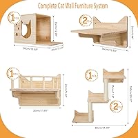 Vista 2 de Juego de estantes de pared montados en la pared para gatos de 9 piezas, casa, torre de vigilancia, 2 postes rascadores de sisal, escalera de pared